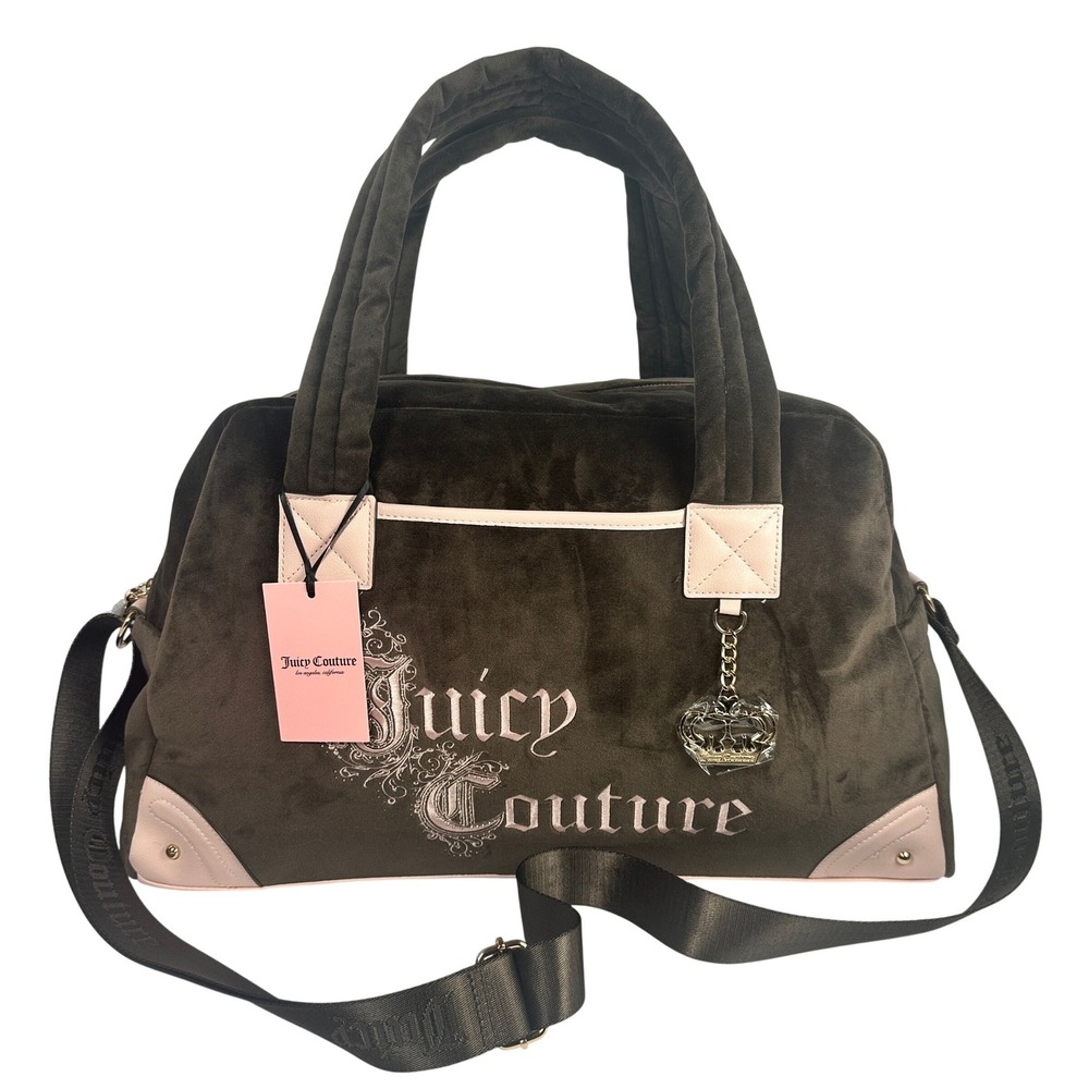 Juicy Couture Duffle Bag Womens Medium Green Pink New Velour Weekender Crossbody